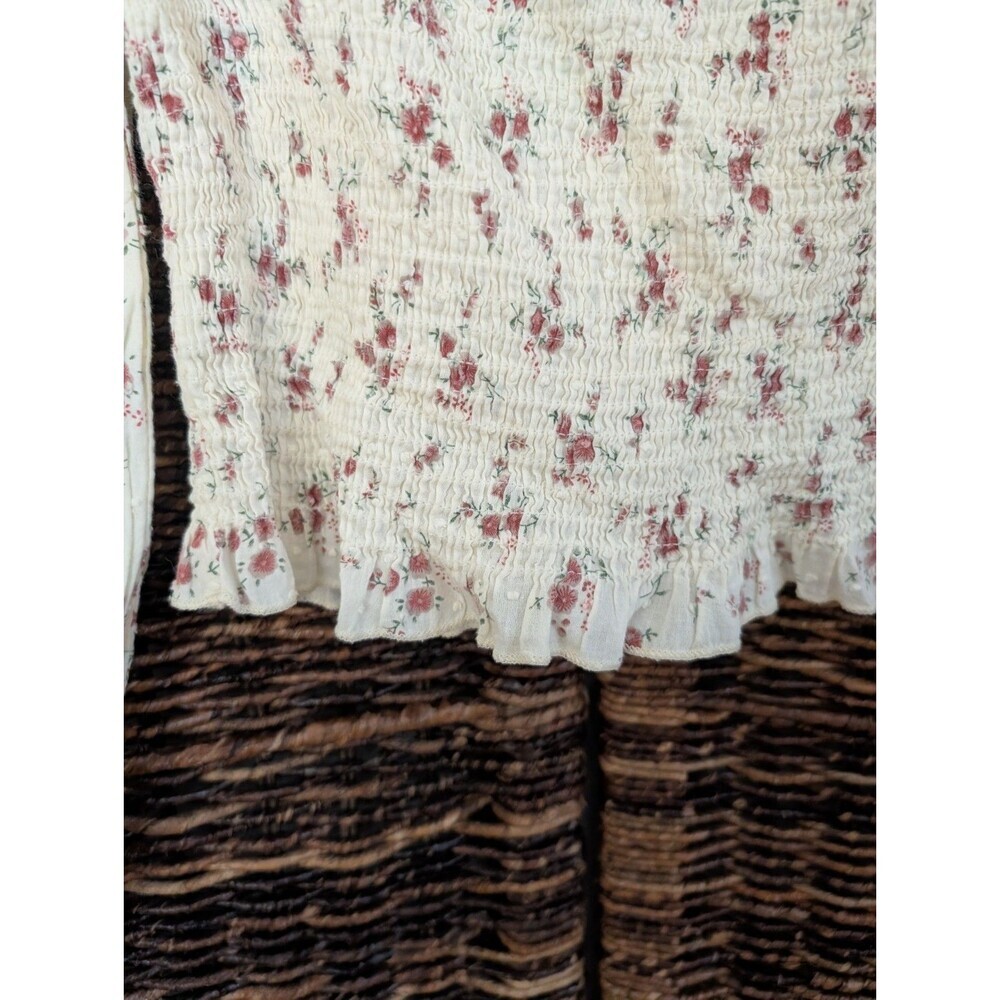 Y2K Balloon Sleeve Smocked Crop Top 90s Shirt Fairy Cottagecore Swiss Dot Ruffle - Picture 3 of 7
